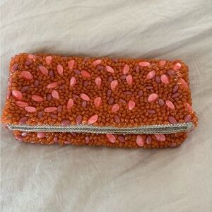 Banana Republic NWOT Beaded Fold-over Natural Clutch Coral